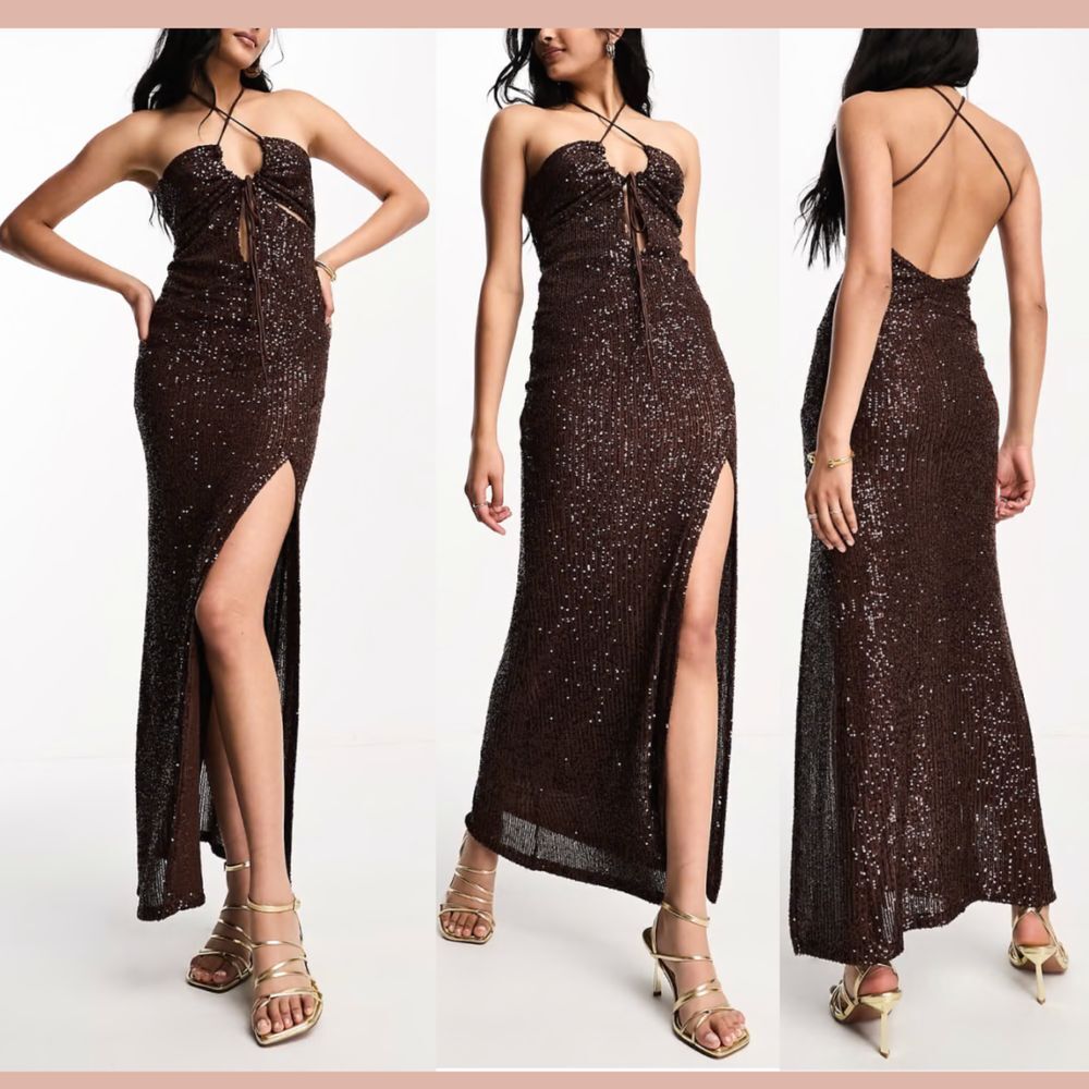 NEW ASOS DESIGN [ 4 US ] Strappy Cut Out Sequin Maxi Dress Gown in Brown #6398‎